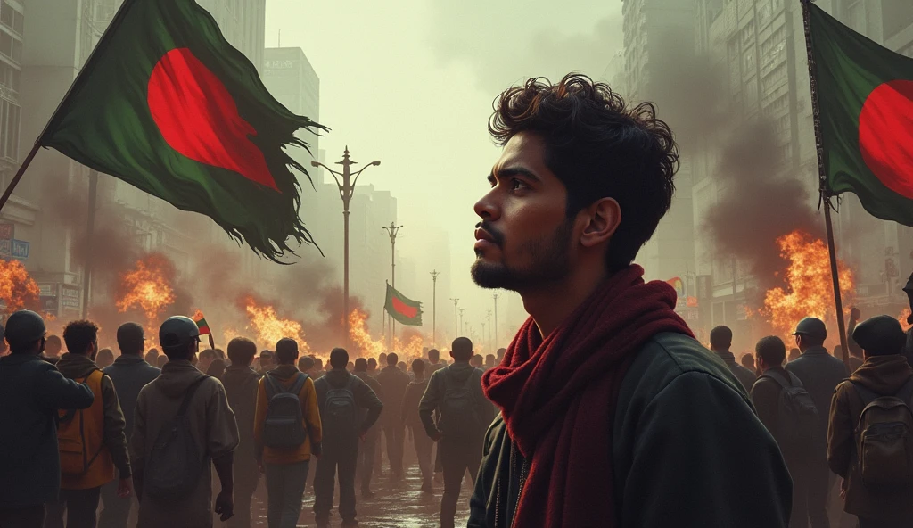 I want to create a thumbnail for my song. Title of my song is “Etai Ki Shonar Bangladesh”. Thumbnail should contain current situation of Bangladesh of the ongoing protests of students and the students who died on the protest. Photo should also contain a picture of Bangladeshi musical artist “Tanveer Evan” as this is his song.
