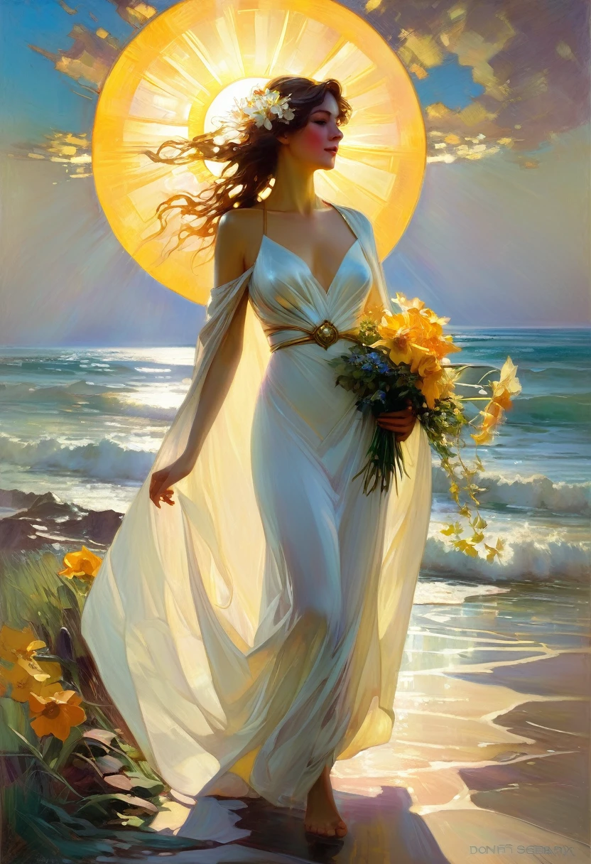 Impressionist style painting of a woman in a white dress with a cape holding a flower, a vase of flowers at her feet, with the sun shining through the dress and cape, by Daniel F. Gerhartz, inspiration by Daniel F. Gerhartz, Donato Giancola, style by Donato Giancola, Craig Mullins, Alphonse Mucha, Josephine Wall and Pino Daeni, Daniel Gerhartz, Heather Theurer, Jeremy Mann and Alphonse Mucha