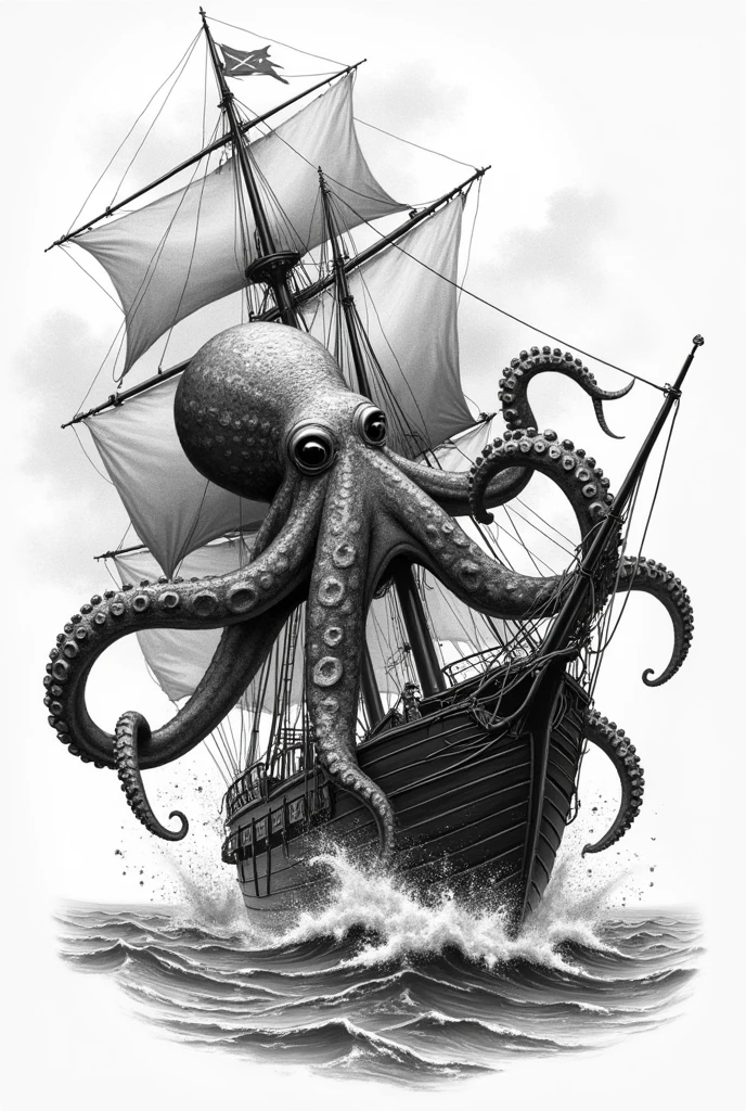 A tattoo sketch of a gigant octopus destroying a pirate ship in the ocean from the bottom in black and white