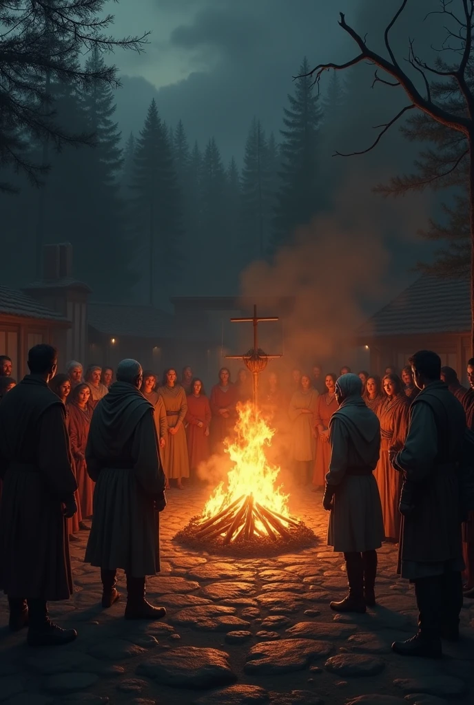 The village square at dusk, with a large bonfire in the center casting long shadows across the ground. The villagers, including the elders, are gathered around the fire, their faces solemn and determined. The firelight flickers, highlighting the tense expressions and the weight of the decision they are about to make. In the background, the dark forest looms, its presence a constant reminder of the danger that lies within.