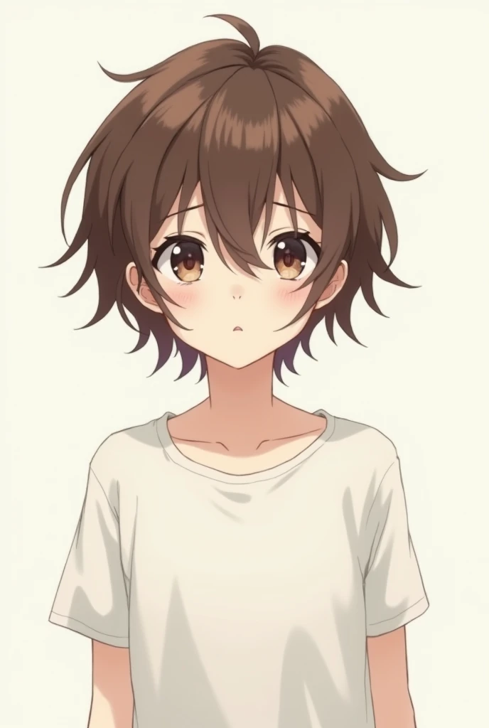 mouthless anime boy with brown hair and wearing a white t-shirt