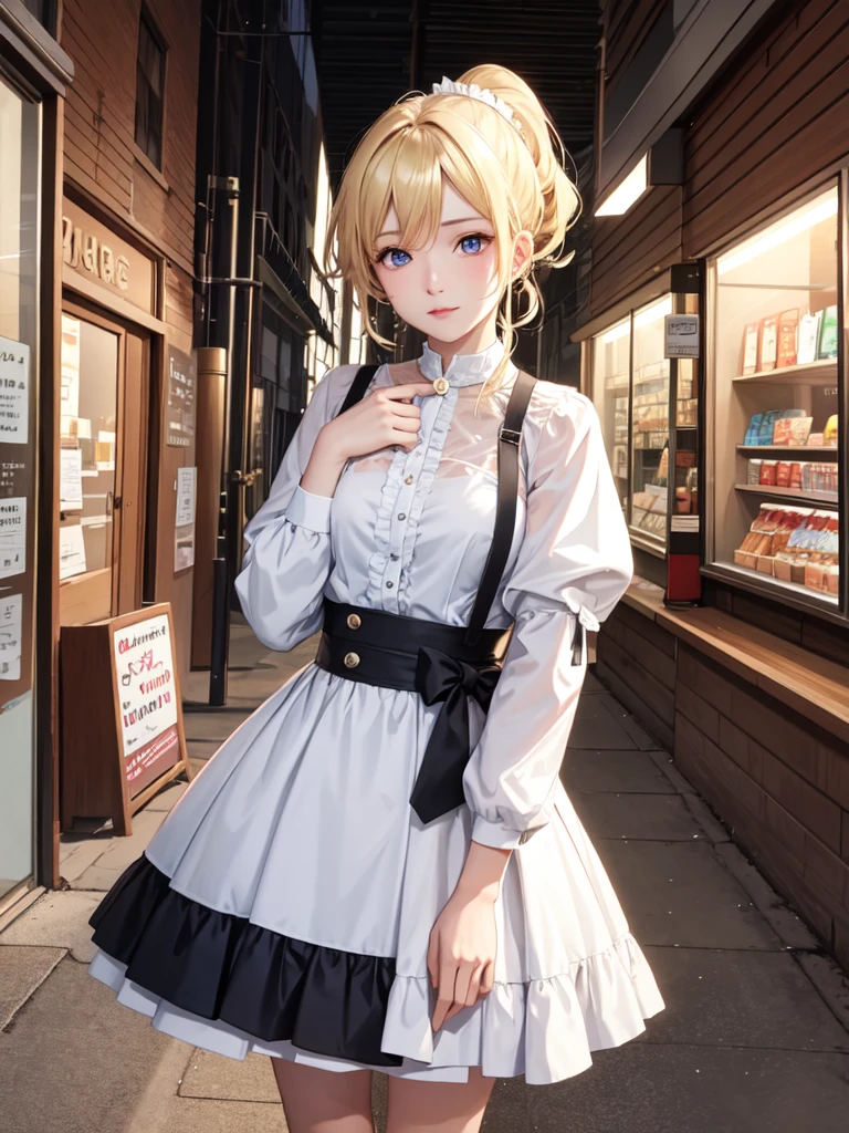 (Ultra extreme detailed),(Masterpiece),(Ultra extreme),(Realistic),CG,(color:1.2), Strong lighting,Light from behind,evaluation:Safety,One blonde, one alone., white,Blonde ponytail,Twin tails、short hair,length hair,blue eyes,white_gloves,garter_strap,absolute_ryouiki,Pleats_skirt,white_skirt,whitecolorストーキング,expensive_Heel,white shrite,length_sleeve,black_Cape,short_whiteいビキニ服、Inside the store、Soaking wet