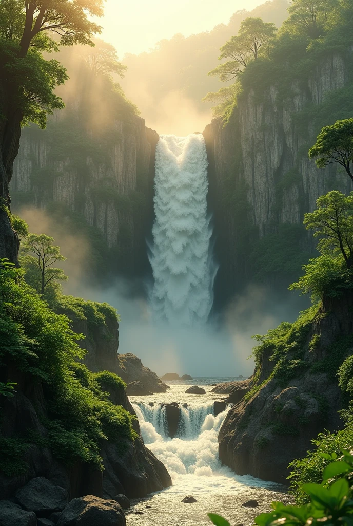 a tea waterfall, steaming hot tea cascading down a rocky cliff, lush green foliage surrounding the scene, intricate rock formations, warm golden afternoon lighting, highly detailed, photorealistic, 8k, HDR, volumetric fog, steam rising from the waterfall, vibrant colors, dramatic shadows and highlights, sense of tranquility and calmness