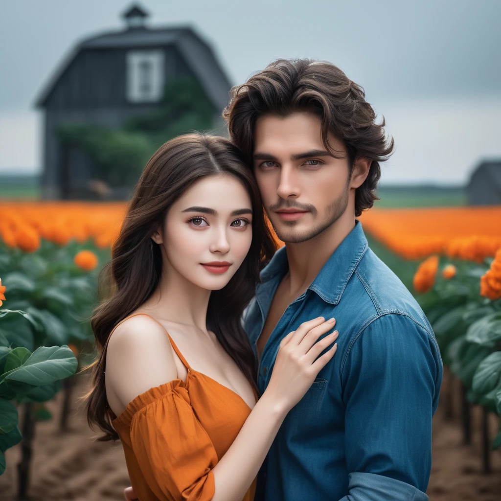 man and woman,original, Masterpiece, Very detailed photos, best quality, Ultra high resolution, realistic, , Taking full-length portraits, amazing man, dynamic gesture, exquisite face, bright eyes, Very detailed background, detailed face, Detailed tidy background, beautiful, Highly detailed skin, realistic skin details, visible pores, Focus clearly, Fog amount, 8K UHD, SLR digital camera, High quality, Film texture, white skin, realism,(((Handsome man and beautiful girl:1.4))),wear a dress,Boy in jeans ,woman in shirt, perfect face perfect hand,sweet atmosphere , Night Sky , night ,farmhouse , Orange farm,A handsome, dark, sharp man