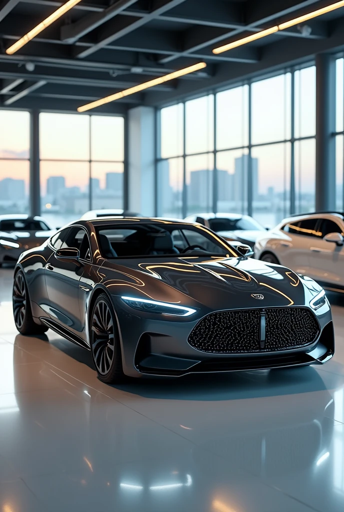 A sleek white luxury sedan is displayed in a modern car showroom with glossy floors and bright, reflective lighting. The vehicle features a distinctive grille with intricate mesh design, bold lines, and black alloy wheels. Large glass windows showcase additional vehicles in the background, enhancing the contemporary atmosphere. The overall aesthetic conveys elegance and sophistication.