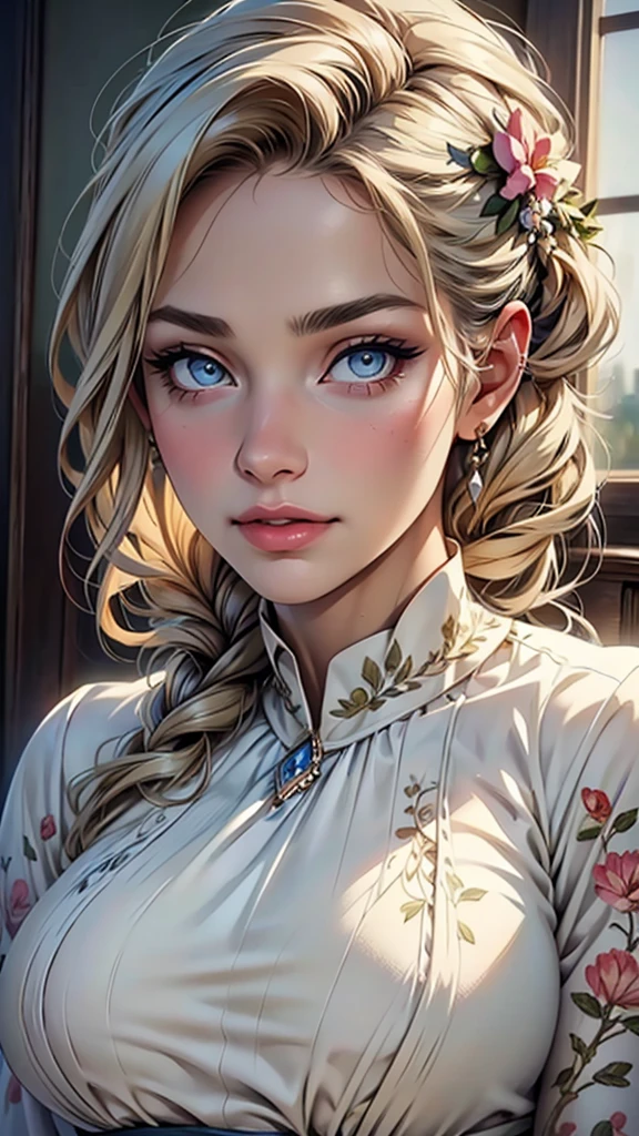 (top quality,4K,8 K,a high resolution,masterpiece:1.2),super detailed,(realistic,photorealistic,photo-realistic:1.37),detailed and beautiful eyes,thick and beautiful lips,very detailed eyes and face,long eyelashes,[USA, bright colors,soft natural light,romantic atmosphere,bright flowers, flowy dress,feminine and elegant pose,Happy and confident look, Haute Couture Style, Dreamy landscapes, Artistic portrait, quality of art printing, oil painting techniques, impressionistic style.