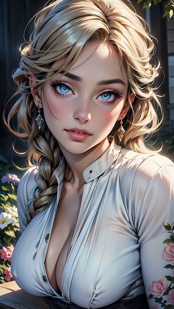 (top quality,4K,8 K,a high resolution,masterpiece:1.2),super detailed,(realistic,photorealistic,photo-realistic:1.37),detailed and beautiful eyes,thick and beautiful lips,very detailed eyes and face,long eyelashes,[USA, bright colors,soft natural light,romantic atmosphere,bright flowers, flowy dress,feminine and elegant pose,Happy and confident look, Haute Couture Style, Dreamy landscapes, Artistic portrait, quality of art printing, oil painting techniques, impressionistic style.