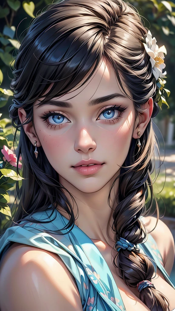 (top quality,4K,8 K,a high resolution,masterpiece:1.2),super detailed,(realistic,photorealistic,photo-realistic:1.37),detailed and beautiful eyes,thick and beautiful lips,very detailed eyes and face,long eyelashes,[USA, bright colors,soft natural light,romantic atmosphere,bright flowers, flowy dress,feminine and elegant pose,Happy and confident look, Haute Couture Style, Dreamy landscapes, Artistic portrait, quality of art printing, oil painting techniques, impressionistic style.