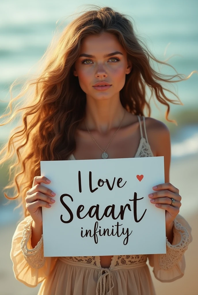 Beautiful girl with wavy long hair, bohemian dress, holding a white board with text "I Love Seaart Infinity" and showing it to the viewer