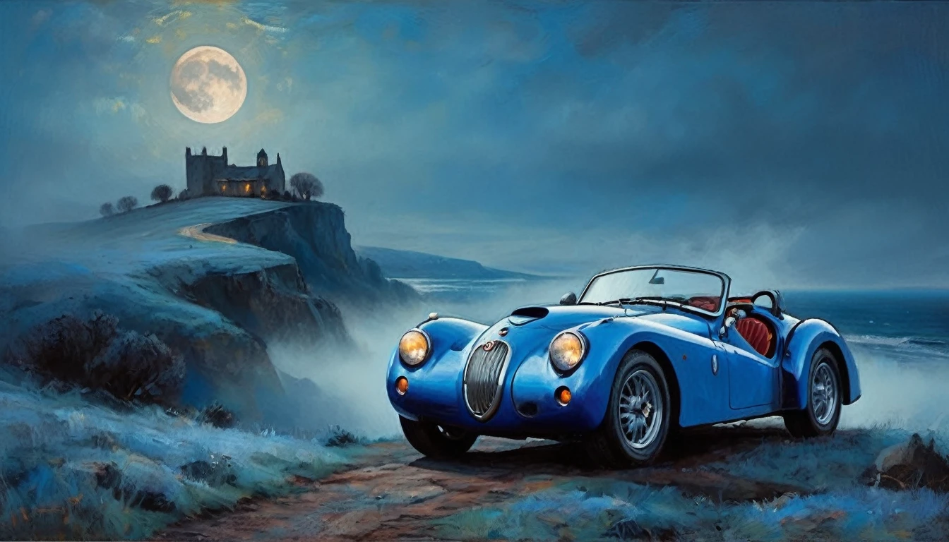 An old car Wiesmann MF 3 Roadster on a cliff
shrouded (((in a mysterious blue fog))) on a full moon (inspired by William Turner)(masterpiece, top quality, best quality, official art,
beautiful and aesthetic:1.2) very dark colorful, ((oil painting palette)) extreme detail, perspective, 8k