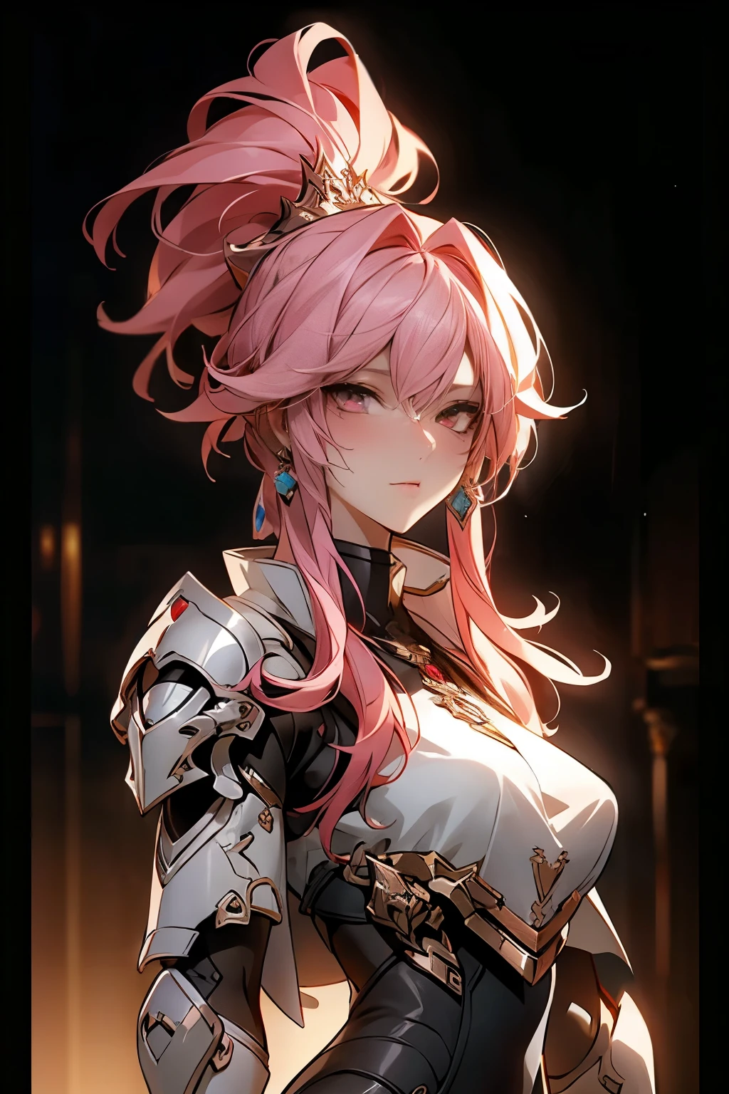 ((best quality)), ((Masterpiece)), (details:1.4), 3d, HDR (high dynamic range), an image of a beautiful cyberpunk female, SLEEK Style, Pink hair, Red eyes, จมูกโด่ง, ปากแดง, หน้าอกใหญ่, nvidia RTX, PBR surface, After processing, Anisotropic filtration,depth of field, Maximum clarity and clarity, multi-layered surface, Subsurface scattering, perfect proportions, 8K raw files, ความละเอียดสุดยอด, Unreal 5, Perfect proportions, Octane Render, Two-tone lighting, Wide aperture, Low ISO, รายละเอียดดวงตา, Paladin, Light Black armor, Paladin Helmet, jewely, ต่างหู