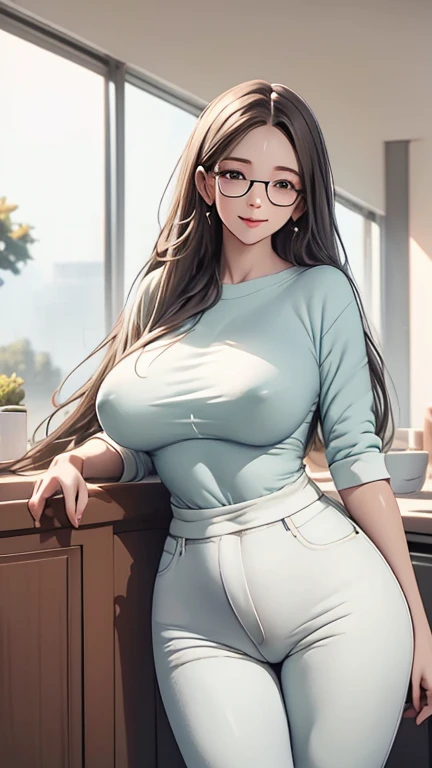 Light Color Palettes,medium front shot, digital art painting . dreaming fresh art style,ultra straight long hair mother single alone,thick lips,glasses, smile, leaning on kitchen table charming relaxing . white cotton tight sweater,blue tight jeans, lovely, cute, attractive, freshly green trees leaves swaying morning sunlight hyper ligting insane details background blurry focus on character