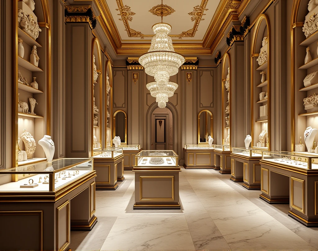 Architecture, interior, a showcase filled with jewelry ring necklaces, jewelry counters, display cases, display shelves, chandeliers, carpets, walls, ceilings, crystal chandeliers, marble floors, gold leaf accents, a showcase filled with jewelry ring necklaces,...