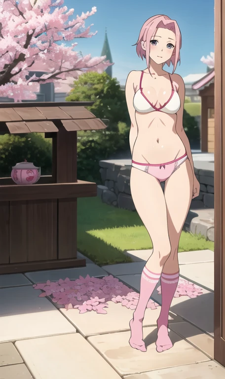masterpiece, best quality, sakura haruno, cute, sexy, pink panties, knee socks, no bra
