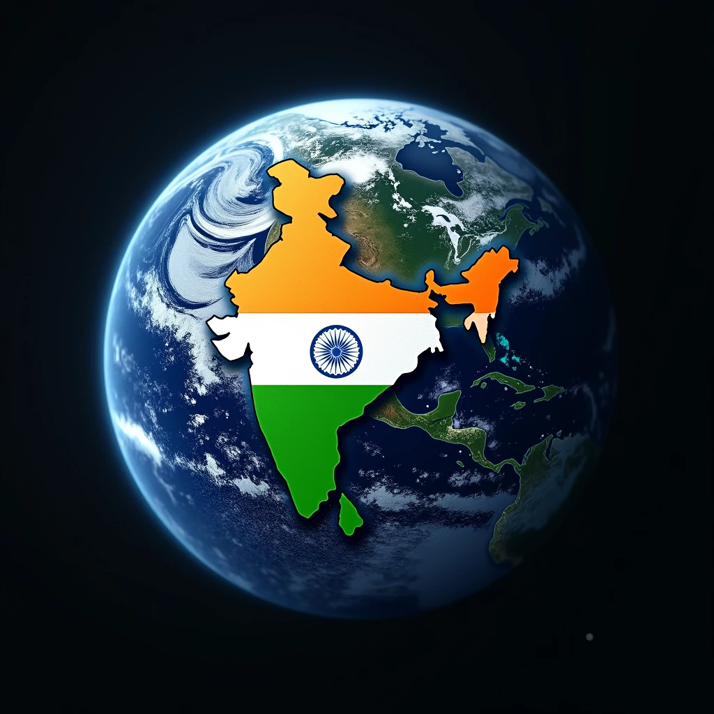Top view of earth and visible only indian map with flag. Realistic. 8k
