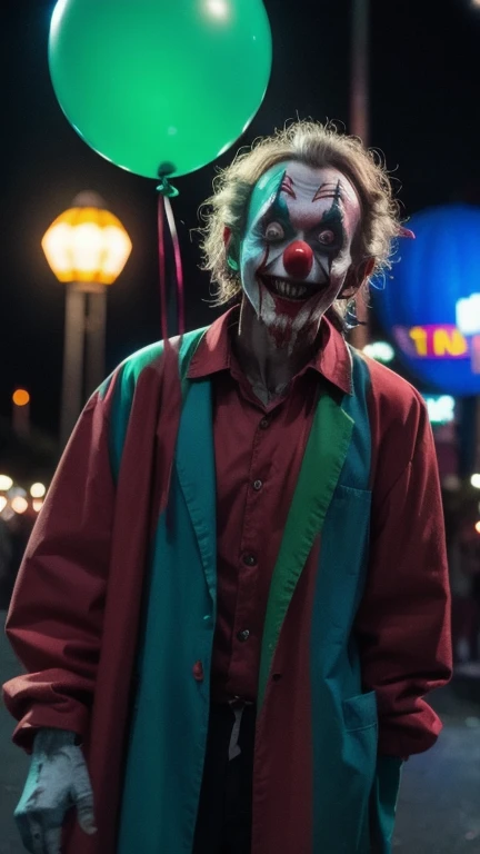 Clown zombie standing with balloons at night amusement park