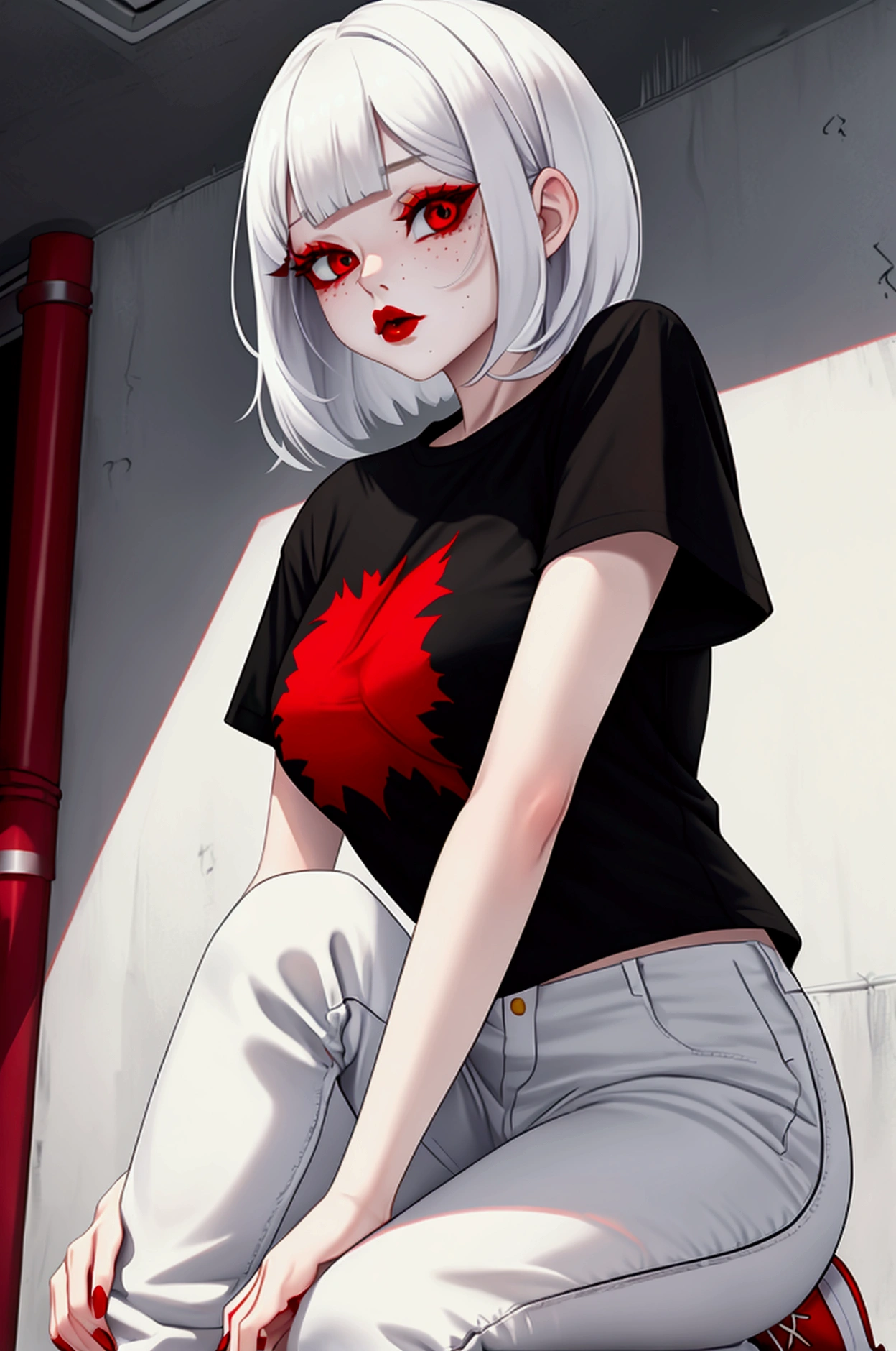 1 girl. pale. freckles. Red narrow eyes. Short white hair with bangs and a black strand. Red lips. black T-shirt. plaid red shirt. white pants. White sneakers.