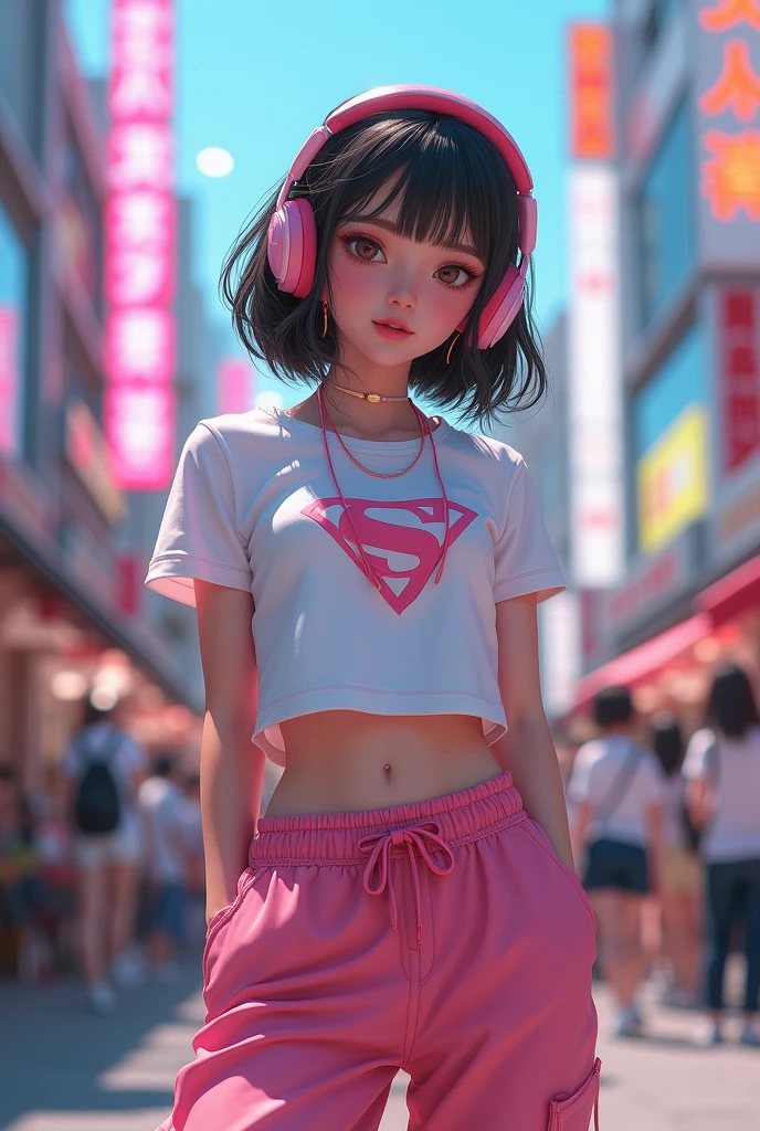 masterpiece, high quality, 4K, Beautiful design, (from the front),Award-winning photo, Very detailed, ((small breasts:1.5)),wonderful, The finer details, absurdists, A girl walking down Takeshita Street in Harajuku,Very detailed woman,Pink makeup, Harajuku Girl,((Skater Fashion)),(Short length T-shirt),Loose pants style,(Skater Fashion with Headphones),Hyperrealistic paintings inspired by Yanjun Chen, instagramart, digital art,Pop Makeup Style, ig model | ArtJam,Very beautiful and cute teenage girl, Surreal Teen, A face like Ester Exposito,(A rich expression:1.5),