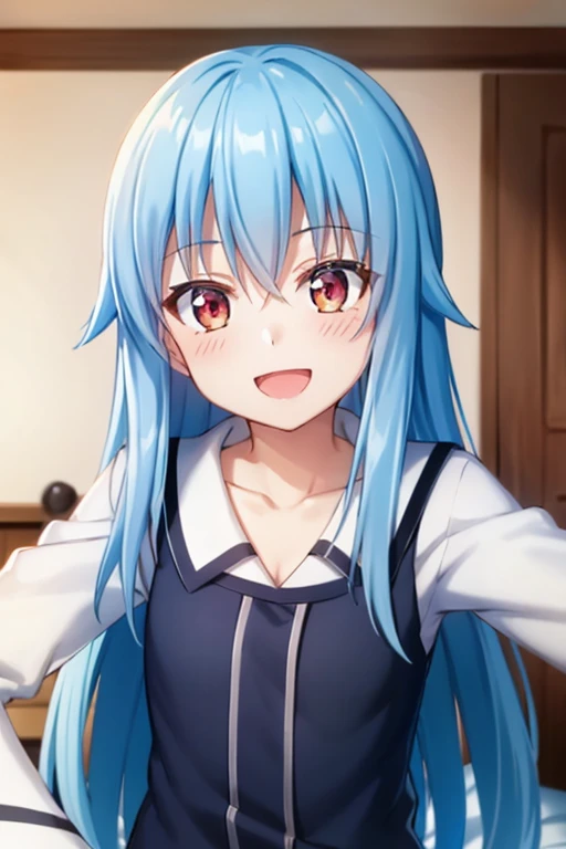 ((Highest quality)), ((masterpiece)), (be familiar with), Perfect Face, indoor, Bedroom, Watching the audience,
One woman, Rimuru=Tempest,
Open Mouth, Ecstatic expression, blush, smile,
Small breasts, Flat Chest, , , child, Girl,
Long Hair, Long Hair,