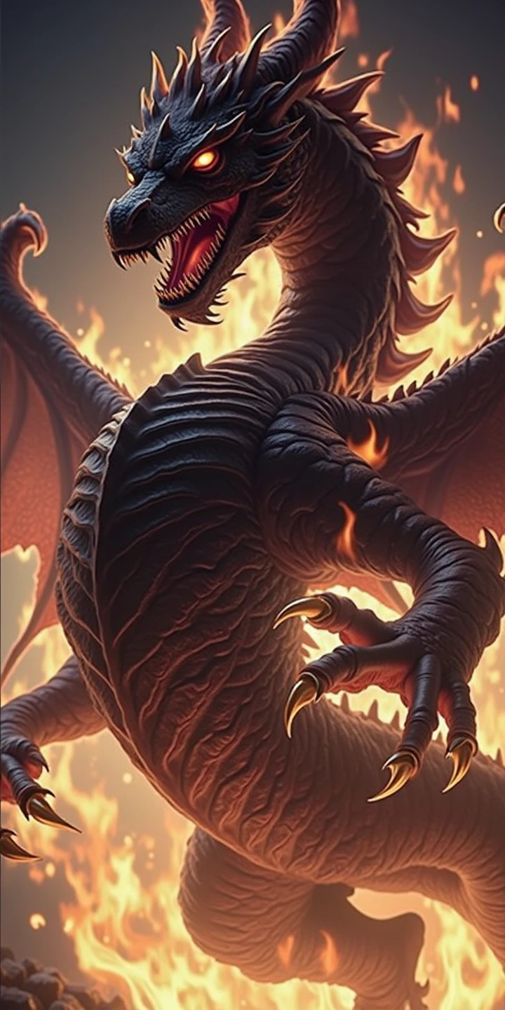 dragon fire with flame body, fire, red, open mouth, red eye, scary