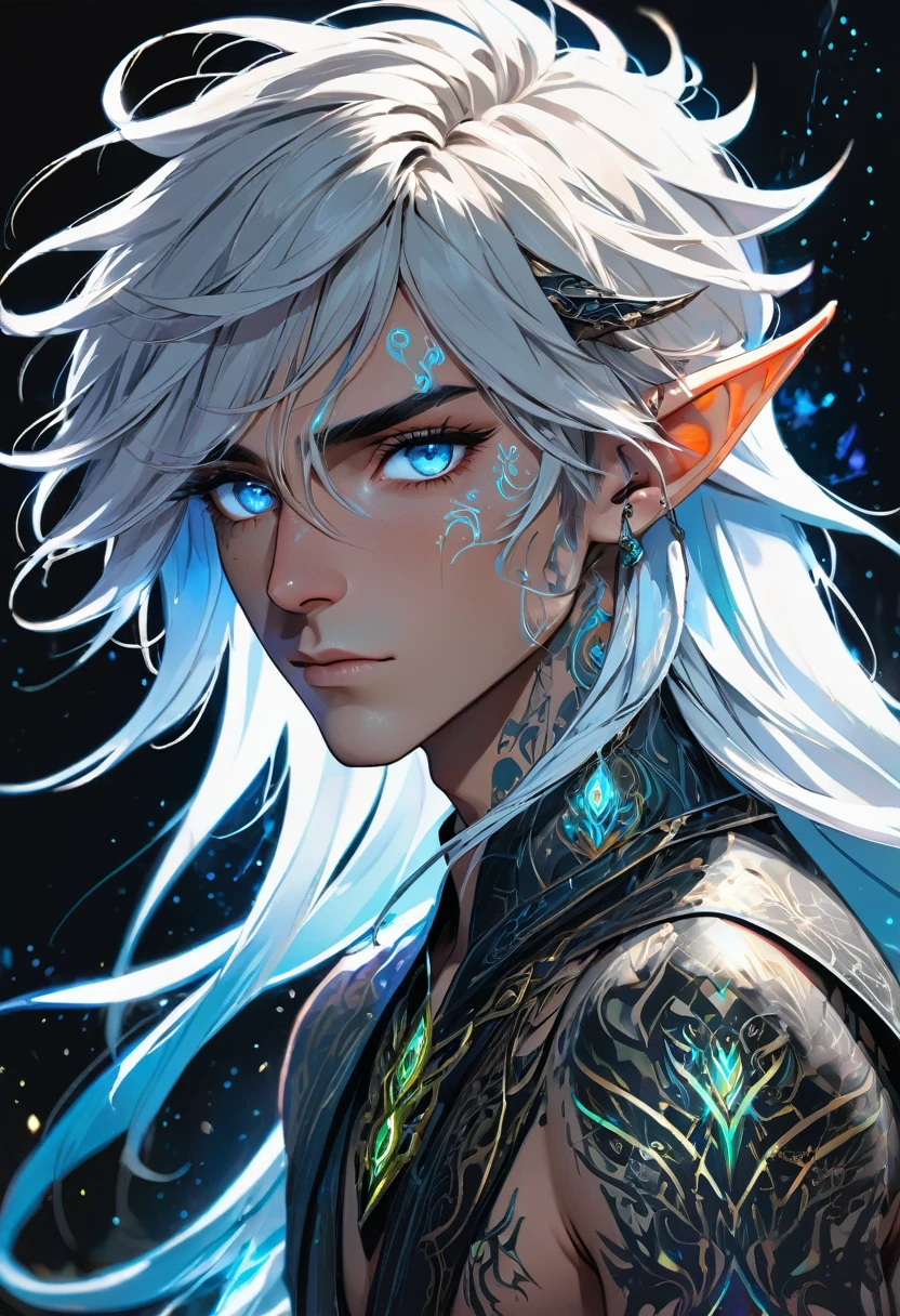 2 guys ethereal demonic 25 year old anime guy male druids, with metallic long hair, delicate masterpieceintimate delicate etched glowing neon tattoo, beautiful and gorgeous male elf, almostkissing, perfect face, blue/black pastel eyes, long white/black wisp hair, freckles, piercings and tattoo foil print neonbody a bedroom experiment, perfect anatomy, centered, almost perfect, dynamic, very detailed, glowing, artstation, concept art, soft and sharp focus, art by Carne Griffiths and Wadim Kashin, airbrush graffiti techniques, high-definition accent lighting, epic, elven atmosphere, contrasted with vibrant paint colors., futuristic cyborg in the year 2950,