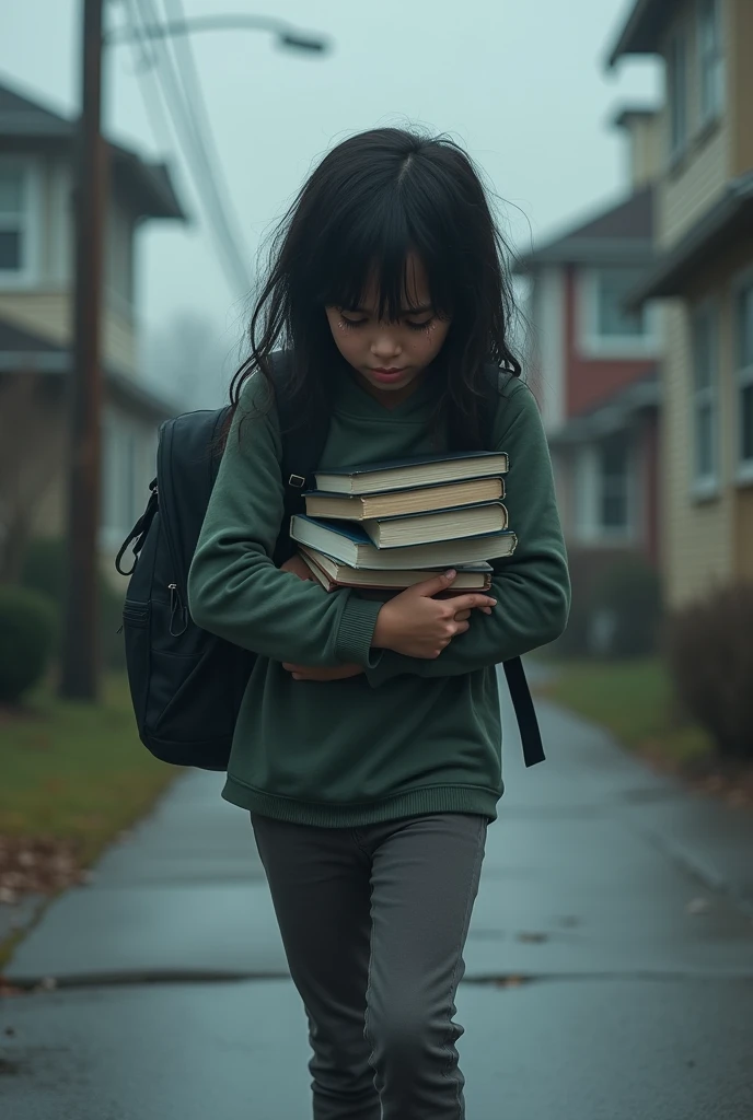 A teenager is walking with her head down, crying, with books in her hands and a backpack on her back. She walks towards her house