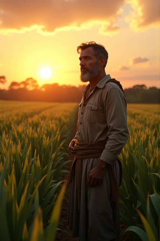 **Ram with his Crops**: Ram, a humble farmer, is standing in his lush green field of crops, looking determined. The sun is setting in the background, casting a warm glow over the landscape. He appears thoughtful as he decides to donate his harvest for the soldiers.