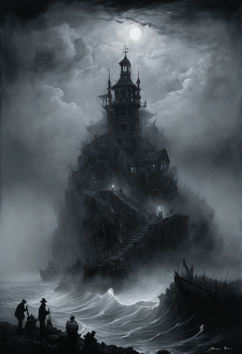 intricate mist-shrouded island, atmospheric mysterious landscape, fantastic moody weather, dramatic lighting, cinematic composition, ethereal vibe, deep blues and grays, fantasy art, concept art, (oil painting), Black and White, poor visibility, (Inspiration comes from:James Ensor),