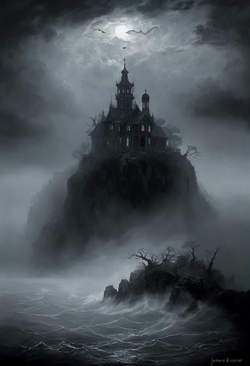 intricate mist-shrouded island, atmospheric mysterious landscape, fantastic moody weather, dramatic lighting, cinematic composition, ethereal vibe, deep blues and grays, fantasy art, concept art, (oil painting), Black and White, poor visibility, (Inspiration comes from:James Ensor),