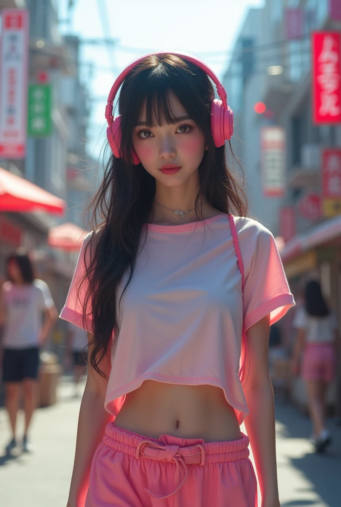 masterpiece, high quality, 4K, Beautiful design, (from the front),Award-winning photo, Very detailed, ((small breasts:1.5)),wonderful, The finer details, absurdists, A girl walking down Takeshita Street in Harajuku,Very detailed woman,Pink makeup, Harajuku Girl,((Skater Fashion)）,(Short length T-shirt),Loose pants style,（Skater Fashion with Headphones）,Hyperrealistic paintings inspired by Yanjun Chen, instagramart, digital art,Pop Makeup Style, ig model | ArtJam,Very beautiful and cute teenage girl, Surreal Teen, A face like Ester Exposito,（A rich expression:1.5),