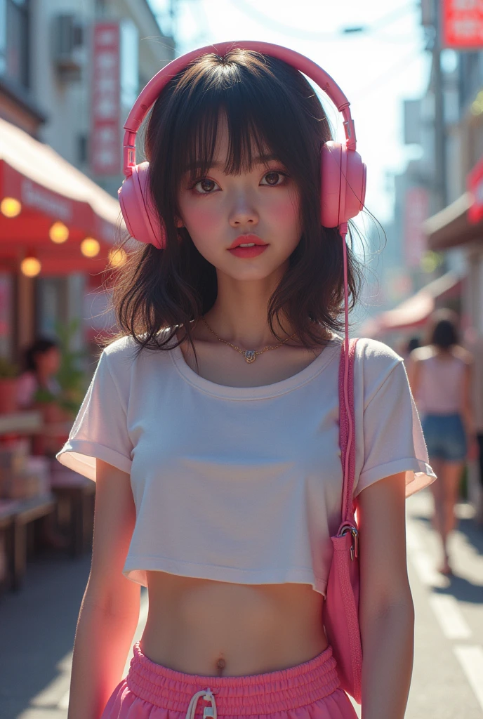 masterpiece, high quality, 4K, Beautiful design, (from the front),Award-winning photo, Very detailed, ((small breasts:1.5)),wonderful, The finer details, absurdists, A girl walking down Takeshita Street in Harajuku,Very detailed woman,Pink makeup, Harajuku Girl,((Skater Fashion)),(Short length T-shirt),Loose pants style,(Skater Fashion with Headphones),Hyperrealistic paintings inspired by Yanjun Chen, instagramart, digital art,Pop Makeup Style, ig model | ArtJam,Very beautiful and cute teenage girl, Surreal Teen, A face like Ester Exposito,(A rich expression:1.5),