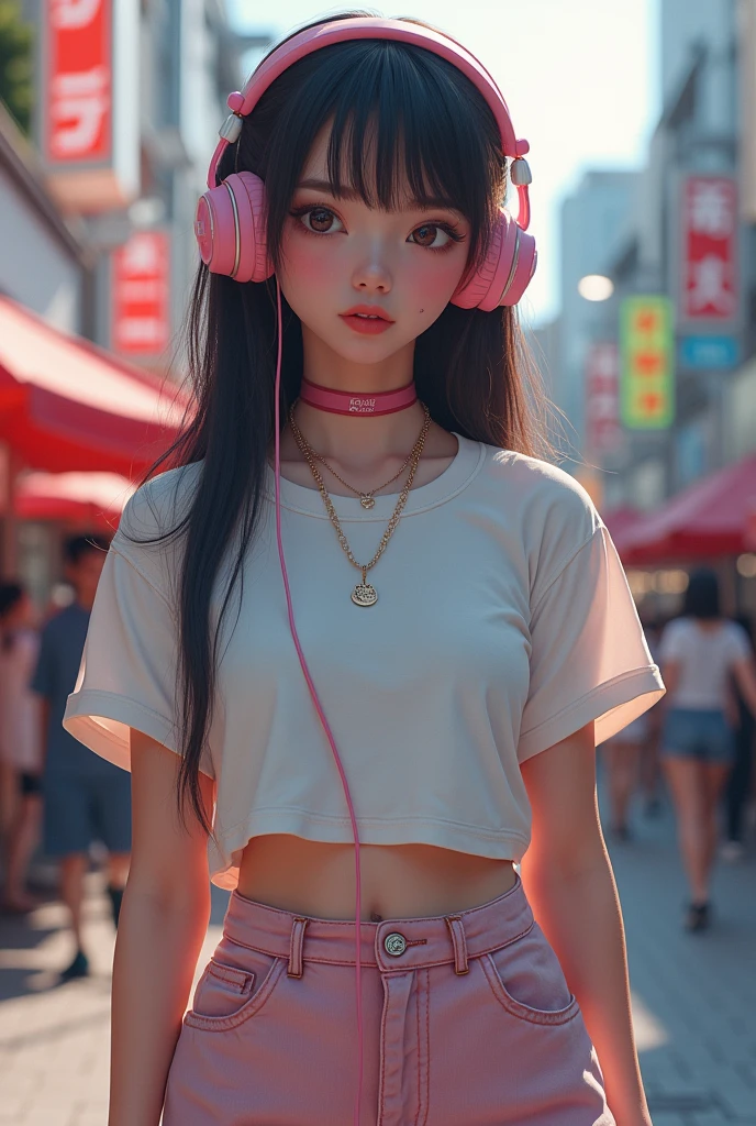 masterpiece, high quality, 4K, Beautiful design, (from the front),Award-winning photo, Very detailed, ((small breasts:1.5)),wonderful, The finer details, absurdists, A girl walking down Takeshita Street in Harajuku,Very detailed woman,Pink makeup, Harajuku Girl,((Skater Fashion)),(Short length T-shirt),Loose pants style,(Skater Fashion with Headphones),Hyperrealistic paintings inspired by Yanjun Chen, instagramart, digital art,Pop Makeup Style, ig model | ArtJam,Very beautiful and cute teenage girl, Surreal Teen, A face like Ester Exposito,(A rich expression:1.5),