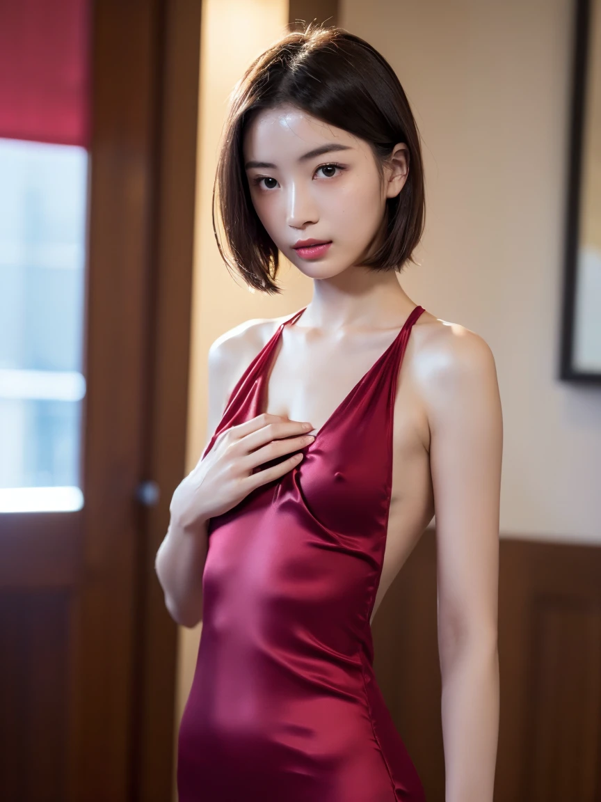 (masterpiece:1.2), Very detailed, Ultra-high resolution, (Realistic, photo Realistic:1.6), High-resolution RAW color photos, Professional photos, Sharp focus:1.2, (Very detailed顔と肌の質感, Very beautiful eyes, Glossのある肌, Glowing Skin, Glowing Skin, Shining Face, Gloss, Oily skin, greasy face, Oily skin, greasy face,), (real Glossのある肌 texture), Perfect Anatomy, Very detailed背景,(Ultra-luxury hotel),1 female,short hair, Straight hair, bangs, Brown Hair,((Flat Chest:1.55)),Slender legs, (((Gorgeous wine red luxury silk mini party dress))),(((Take off your clothes、Upper body naked:1.4))),((Wet Dress))、To seduce sexually