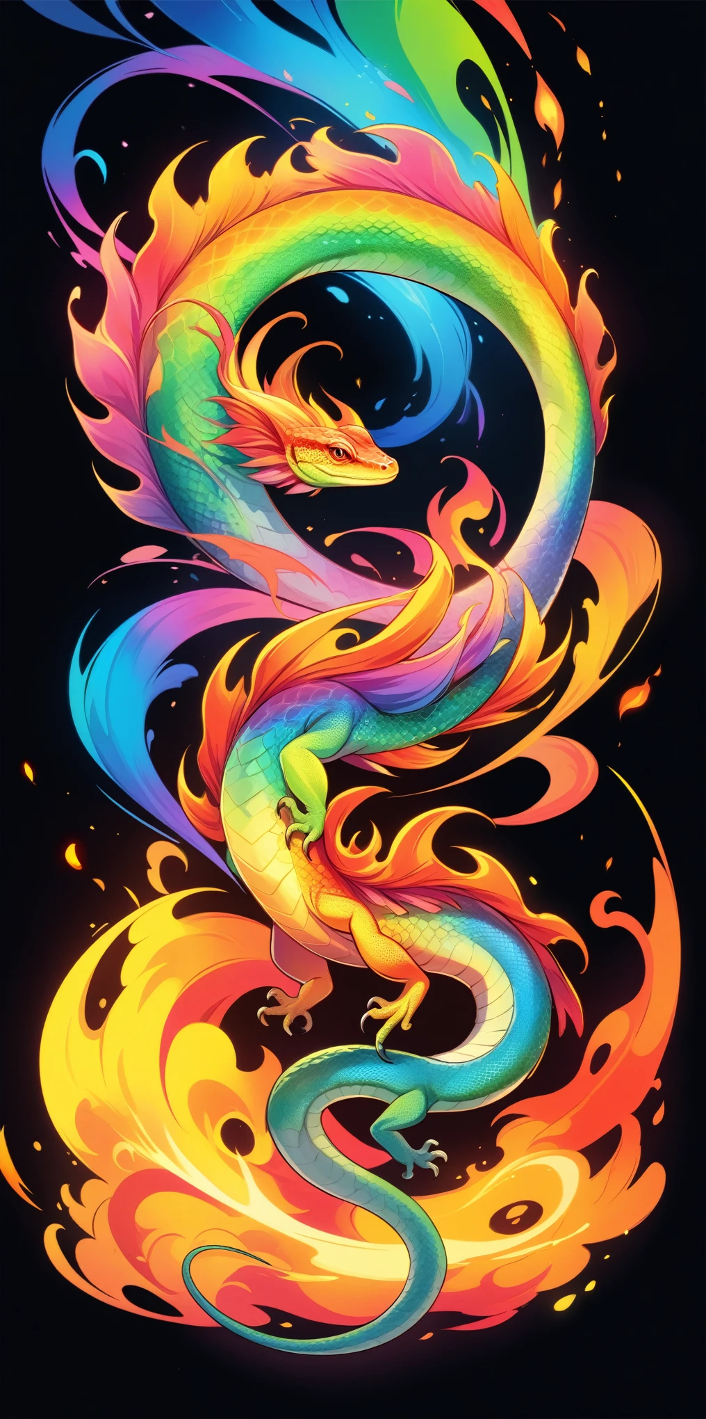 A colorful neon rainbow smoke of a lizard on the fire, an ethereal flame from lizard, vibrant colors, in the style of vector art, isolated on a black background with no shadows in the anime. --s 800 --style raw --niji 6