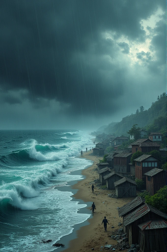 A powerful storm hitting the village, with dark clouds, heavy rain, and the sea roaring angrily. The small village looks vulnerable against nature's fury.
