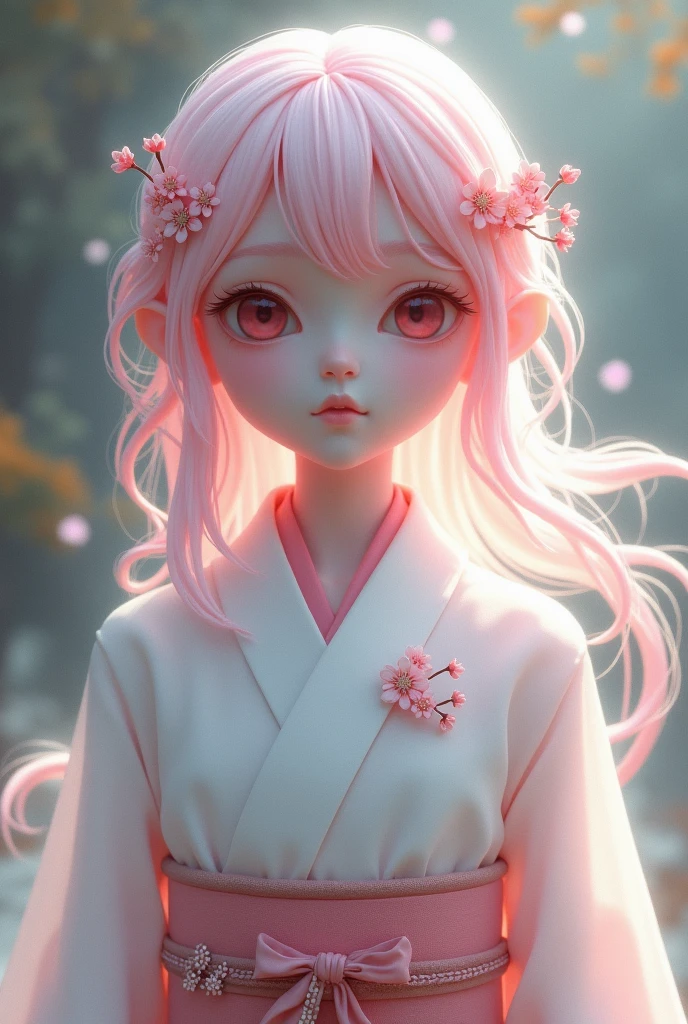 A hyper-realistic, highly detailed, and high-resolution 16k image of a young, beautiful female ghost or guardian spirit. She has light pink hair and translucent skin, and is dressed in a traditional Japanese kimono with a small cherry blossom design on the obi. The image captures the ethereal beauty and mystique of the spirit world. The style is inspired by the delicate, soft aesthetic found in traditional Japanese art.