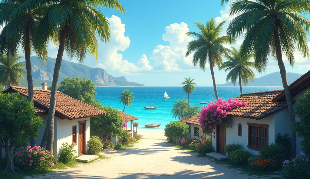 A wide shot of the small village by the sea, showing simple houses, palm trees, and the ocean in the background.