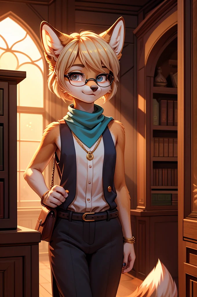 A beautiful, (masterpiece), high quality, perfect lighting, highly detailed CG Unity 8k wallpaper, high resolution, perfect lighting, youthful, adolescent, slim, skinny, frail slender figure, distinctly feminine figure, narrow hips, close-up shot, detailed face, medium plump breasts, Here's a creative and unique furry female character description for your image generator:
Youthful, tall, slim, frail slender figure, distinctly feminine figure, narrow hips, long legs, close-up shot. A graceful red fox with vibrant auburn fur and a white-tipped tail. Her hair is a striking platinum blonde, styled in a messy pixie cut with long side-swept bangs. The fur has a soft, silky texture that shimmers in the light. Her eyes are large and expressive, heterochromatic with one eye a deep sapphire blue and the other a warm amber.
She wears a vintage-inspired outfit consisting of a high-necked, sleeveless blouse in cream lace, paired with a fitted mustard yellow vest adorned with brass buttons. A teal silk scarf is loosely tied around her neck. She sports high-waisted, wide-leg trousers in a rich burgundy, cuffed at the ankles to reveal delicate ankles.
Accessories include a pair of round, wire-rimmed glasses perched on her nose, multiple small gold hoop earrings along her ears, and a delicate chain necklace with a compass pendant. She carries a well-worn leather messenger bag slung across her body.
Her pose is slightly turned to the side, head tilted curiously as she gazes directly at the viewer. Her expression is a mix of intrigue and gentle amusement, with one eyebrow slightly raised and the hint of a smile playing at the corners of her mouth.
The background suggests an antique bookshop, with shelves of old tomes visible behind her and warm, golden light filtering through dusty windows, casting a soft glow on her fur and creating interesting shadows.