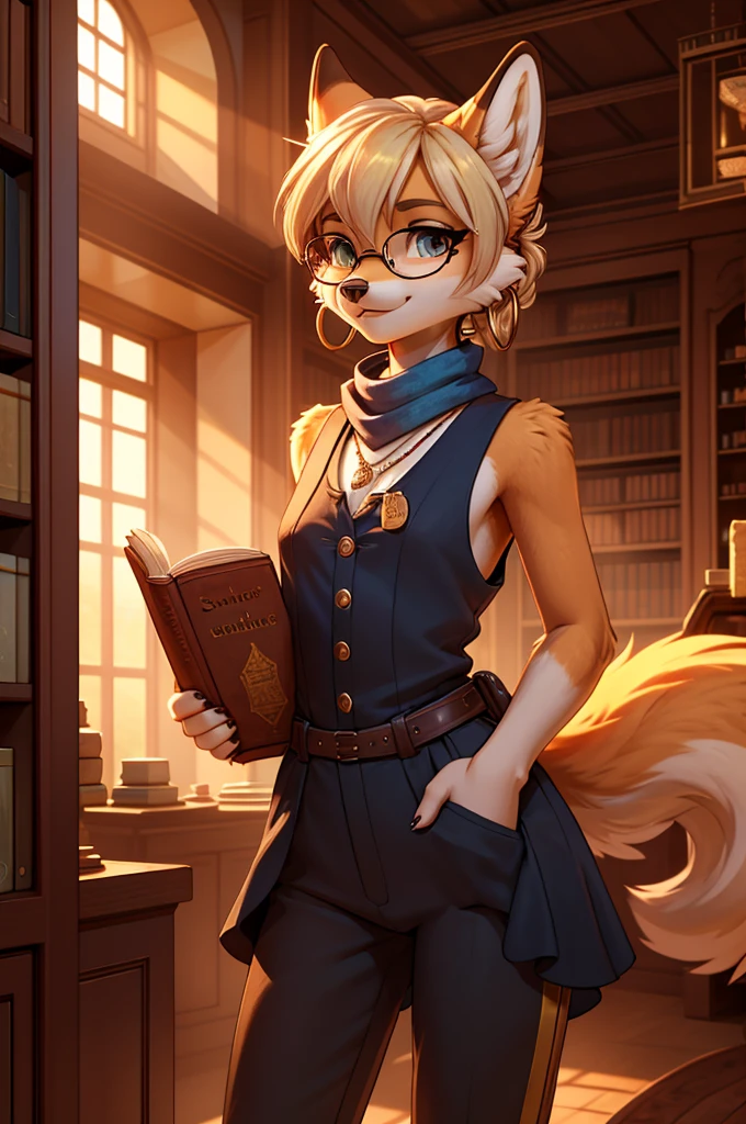 A beautiful, (masterpiece), high quality, perfect lighting, highly detailed CG Unity 8k wallpaper, high resolution, perfect lighting, youthful, adolescent, slim, skinny, frail slender figure, distinctly feminine figure, narrow hips, close-up shot, detailed face, medium plump breasts, Here's a creative and unique furry female character description for your image generator:

Youthful, tall, slim, frail slender figure, distinctly feminine figure, narrow hips, long legs, close-up shot. A graceful red fox with vibrant auburn fur and a white-tipped tail. Her hair is a striking platinum blonde, styled in a messy pixie cut with long side-swept bangs. The fur has a soft, silky texture that shimmers in the light. Her eyes are large and expressive, heterochromatic with one eye a deep sapphire blue and the other a warm amber.

She wears a vintage-inspired outfit consisting of a high-necked, sleeveless blouse in cream lace, paired with a fitted mustard yellow vest adorned with brass buttons. A teal silk scarf is loosely tied around her neck. She sports high-waisted, wide-leg trousers in a rich burgundy, cuffed at the ankles to reveal delicate ankles.

Accessories include a pair of round, wire-rimmed glasses perched on her nose, multiple small gold hoop earrings along her ears, and a delicate chain necklace with a compass pendant. She carries a well-worn leather messenger bag slung across her body.

Her pose is slightly turned to the side, head tilted curiously as she gazes directly at the viewer. Her expression is a mix of intrigue and gentle amusement, with one eyebrow slightly raised and the hint of a smile playing at the corners of her mouth.

The background suggests an antique bookshop, with shelves of old tomes visible behind her and warm, golden light filtering through dusty windows, casting a soft glow on her fur and creating interesting shadows.