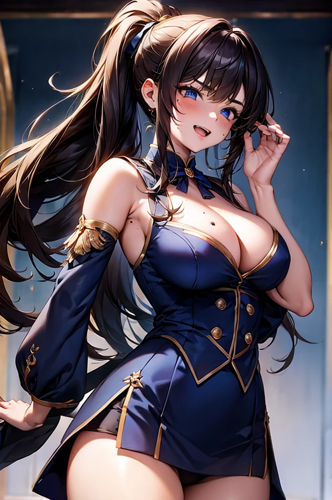 Browsing Caution,​(Highest quality, 8k, masterpiece:1.3,beautiful girl), (Very detailed)Glowing Skin,(((Long Hair,ponytail,Blue Ribbon,Beautiful Hair))),(Perfect Anatomy, Anatomically correct, Very detailed肌),((Golden Eyes,Drooping eyebrows,I narrowed my eyes a little.)),((Perfect Fingers,Five Fingers)), Baby Face, Mole under the eye,Double teeth,Big Breasts,Big Ass,high school girl,uniform,Moles around the mouth,smile