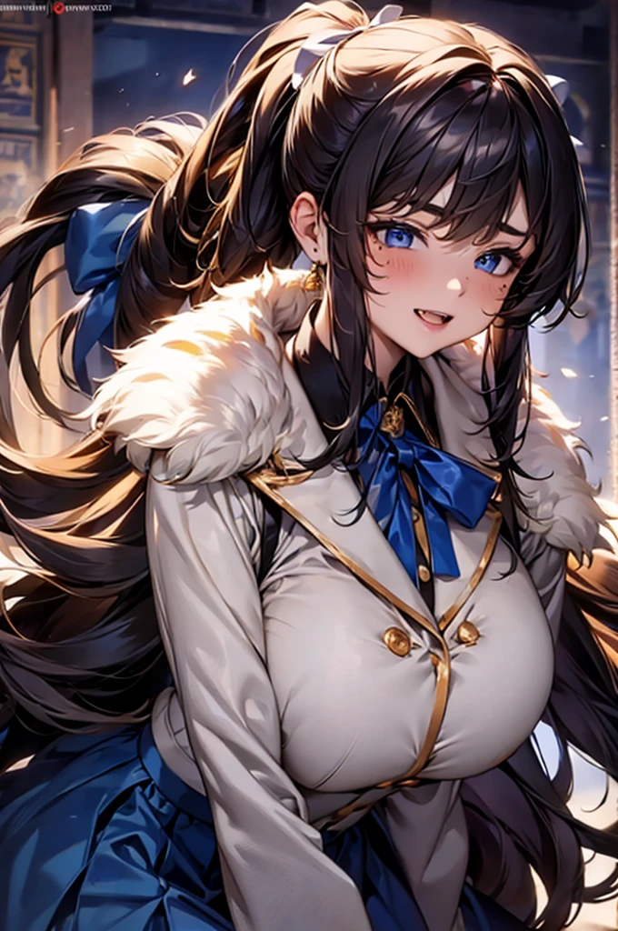 Browsing Caution,(Highest quality, 8k, masterpiece:1.3,beautiful girl), (Very detailed)Glowing Skin,(((Long Hair,ponytail,Blue Ribbon,Beautiful Hair))),(Perfect Anatomy, Anatomically correct, Very detailed肌),((Golden Eyes,Drooping eyebrows,I narrowed my eyes a little.)),((Perfect Fingers,Five Fingers)), Baby Face, Mole under the eye,Double teeth,Big Breasts,Big Ass,high school girl,uniform,Moles around the mouth,smile