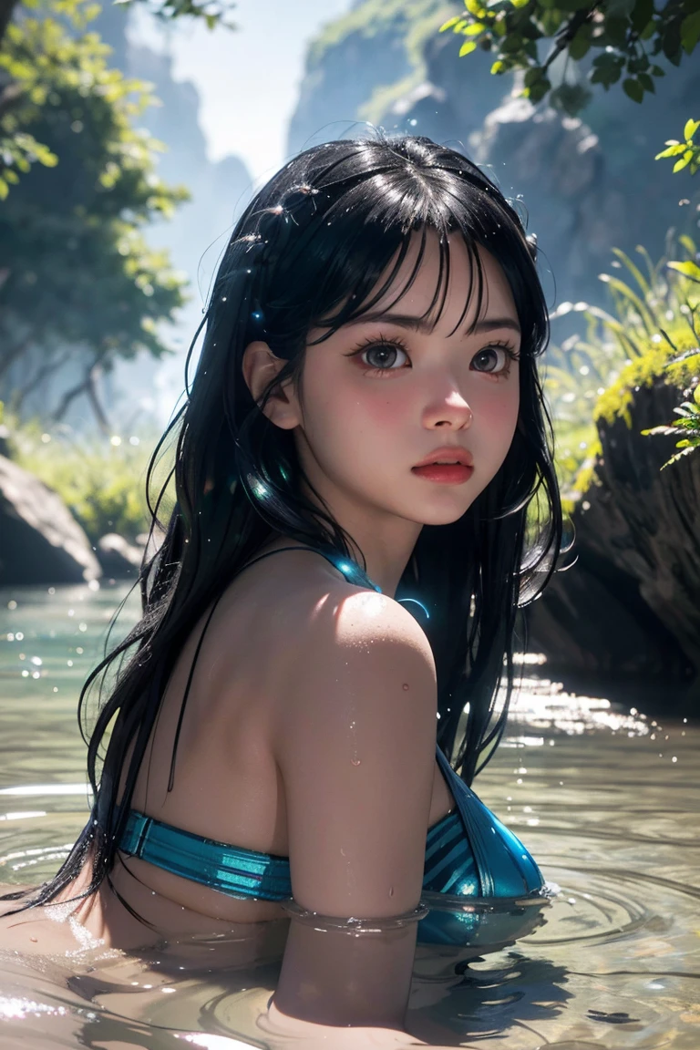 maozonia indigenous girl, 18 years old, bathing in a river, in the middle of the forest, a jaguar watching from afar, sad, Clockpunk, Gamercore, street level view, Blender rendering, 100mm, Sculpture, iridescent colors, Medicalcore, strobe lighting, ultra realistic, photorealistic, octane render, unreal engine, hyper detailed, volumetric lighting, hdr, octane render, fantasy 4k 8K