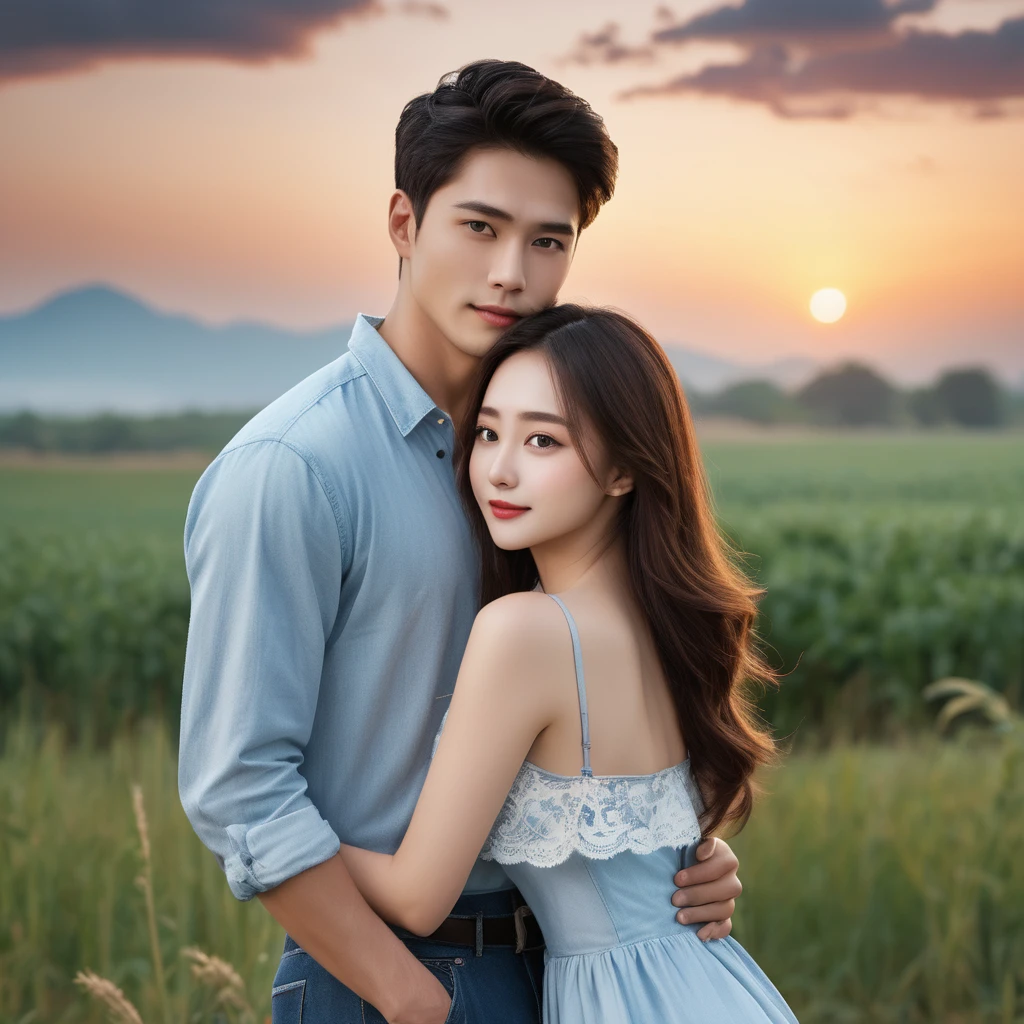 man and woman,original, Masterpiece, Very detailed photos, best quality, Ultra high resolution, realistic, , Taking full-length portraits, amazing man, dynamic gesture, exquisite face, bright eyes, Very detailed background, detailed face, Detailed tidy background, beautiful, Highly detailed skin, realistic skin details, visible pores, Focus clearly, Fog amount, 8K UHD, SLR digital camera, High quality, Film texture, white skin, realism,(((Handsome man and beautiful girl:1.4))),wear a dress,Boy in jeans ,woman in shirt, perfect face perfect hand,sweet atmosphere , Night Sky , night ,farmhouse , ,Handsome Asian man