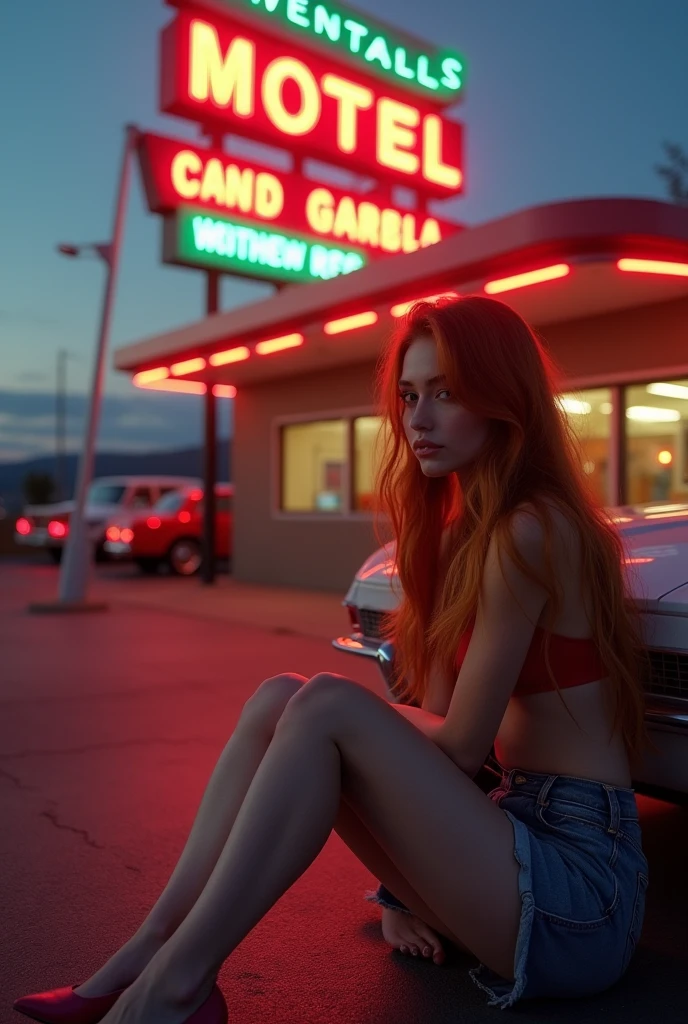 ((masterpiece, highest quality, Highest image quality, High resolution, photorealistic, Raw photo, 8K)), (full body shot:1) photorealistic image of a (sitting pose:1) ultrarealistic, photography, long red hair, woman, 24 years old, hourglass figure, perfect body, seductive look, natural medium breasts, view of a motel with a car parked in front of it, with neon signs, A woman waiting for a guest in front of a motel, seduction, short dress and high heels, route 6 6, neon signs, 1 9 5 0 s americana tourism, some have neon signs, neon lights outside, neon advertisements, gigantic neon signs, neon shops, by Arnie Swekel, few neon signs, neon signs in background,