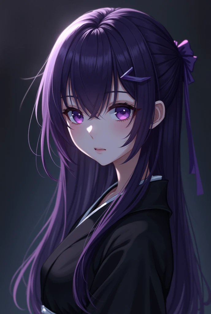 Japanese girl in a dark kimono with darkish purple hair and purple eyes kinda pale has a purple hair pin