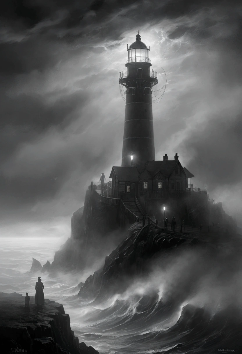 The monster of Cthulhu, completely obscured by the thick fog on the distant sea,The light of the lighthouse shone toward it,intricate mist-shrouded island, atmospheric mysterious landscape, fantastic moody weather, dramatic lighting, cinematic composition, ethereal vibe, deep blues and grays, fantasy art, concept art, (oil painting), Black and White, poor visibility, (Inspiration comes from:James Ensor),