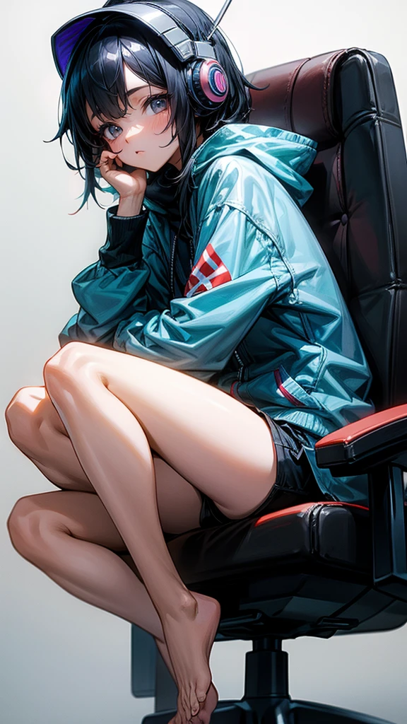 An older girl; a black hood covers her head; small shorts on her legs; headphones on her ears; black hair; black eyes; dark circles under her eyes; Asian features on her face; 5 fingers on her hands; 5 toes on her feet; sitting on a gamer chair; she has a playstation controller in her hand; she is barefoot; her feet are on the chair; the background is dark; the room has some light blue led lights.