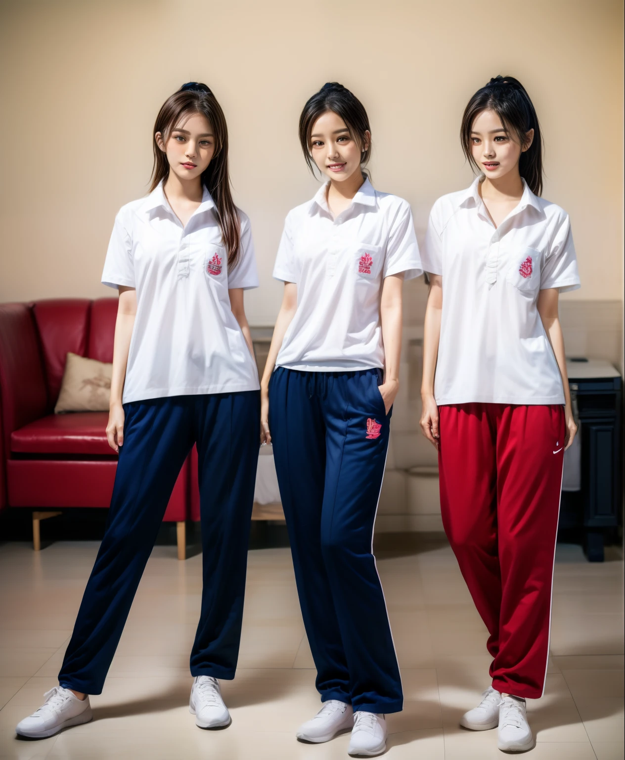 3 girls lie about on sofa living room, Navy blue short-sleeved shirt,Navy Long Trackpant,Sweatpants, Sweatpantsขายาว,25 year old girl, lesbian, sexy, exercise clothes, wet body, exercise clothes