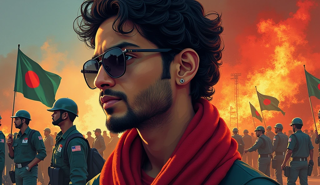 I want to create a thumbnail for my song. Title of my song is “Etai Ki Shonar Bangladesh”. Thumbnail should contain current situation of Bangladesh of the ongoing protests of students and the students who died on the protest. Photo should also contain a picture of Bangladeshi musical artist “Tanveer Evan” as this is his song.