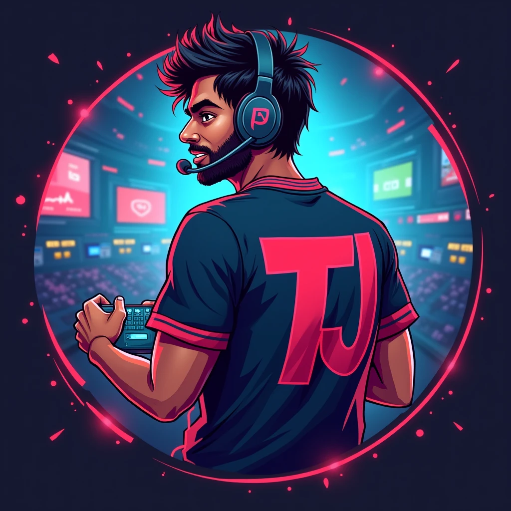 Gaming logo for my youtube channel I am a young Indian man of age 23 with a little beard write TJ on back entering into a gaming world Making it a little cartoonish It should look like an eSports player